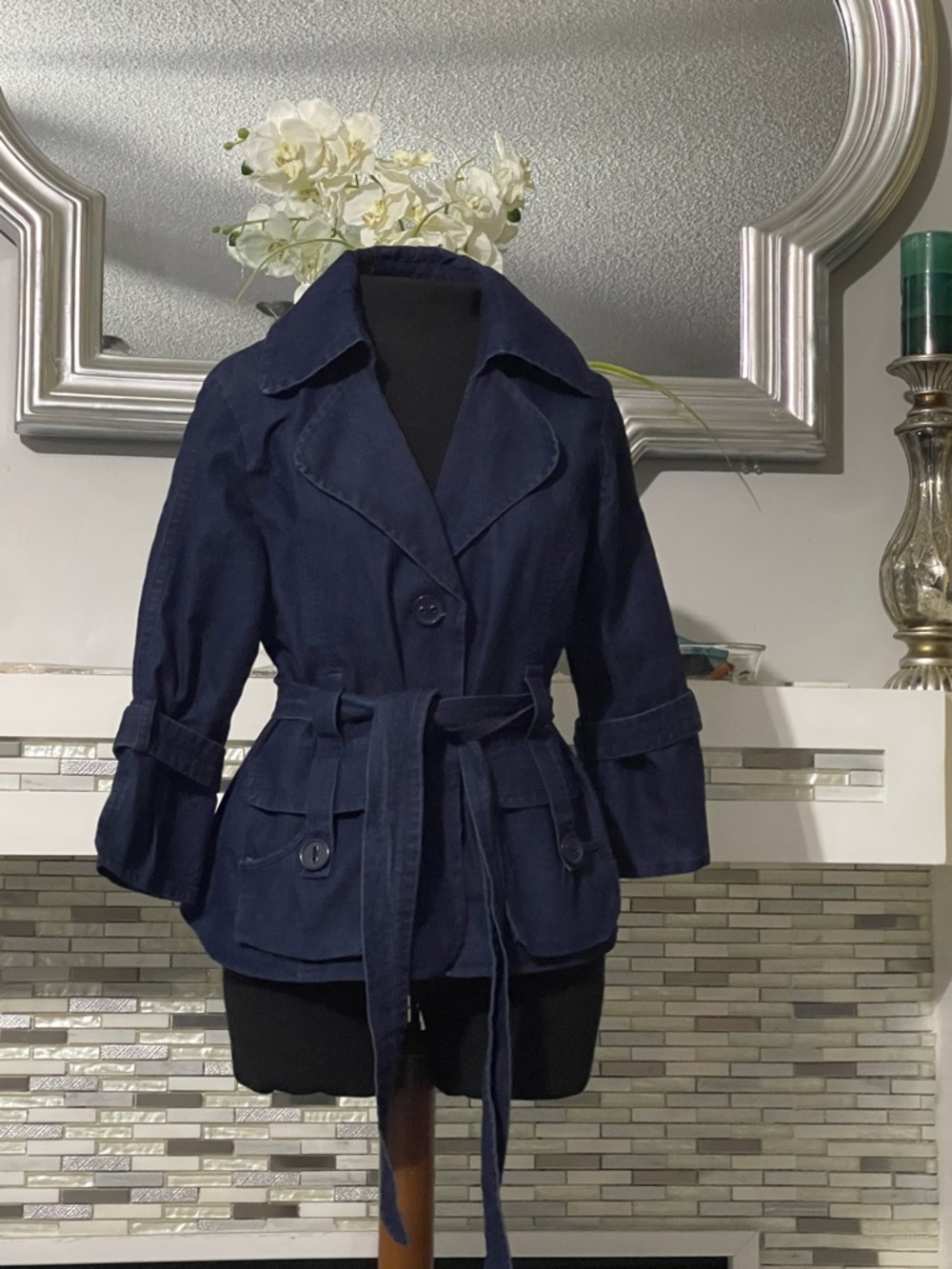 Luii Anthropologie Classic Navy Women's Belted 3/4 sleeves Jacket size L